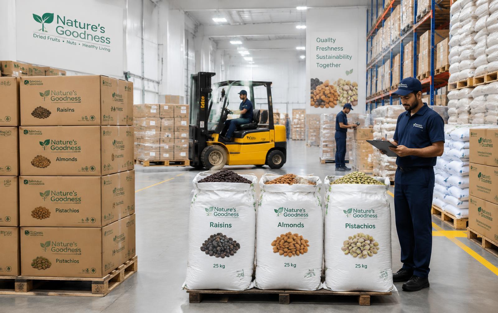 Warehouse workers handling sacks and cartons of dried fruit beside a forklift
